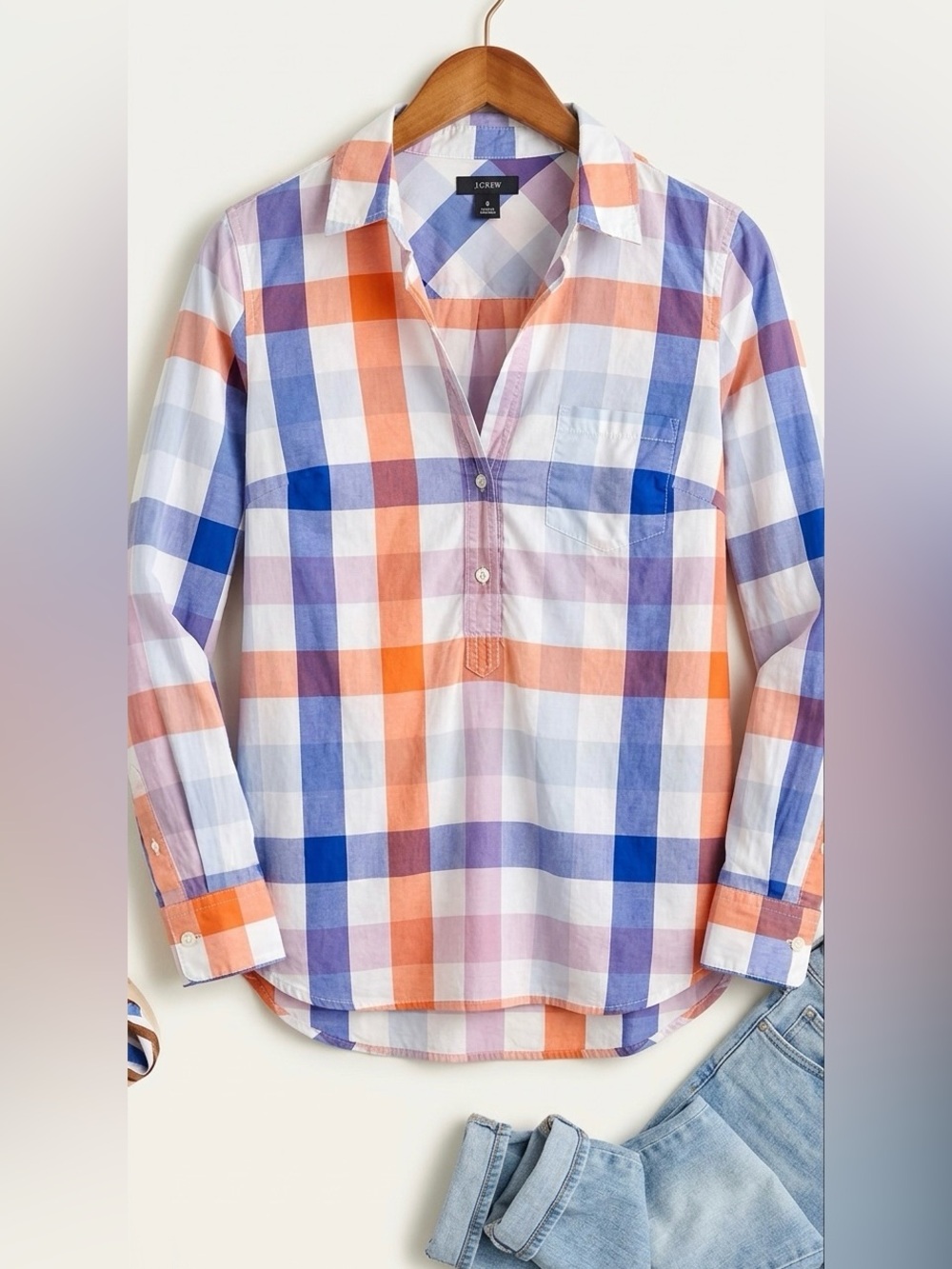 J. Crew size 6 Coral Blue Plaid Popover Cotton Shirt Oversized Preppy Coastal⁠